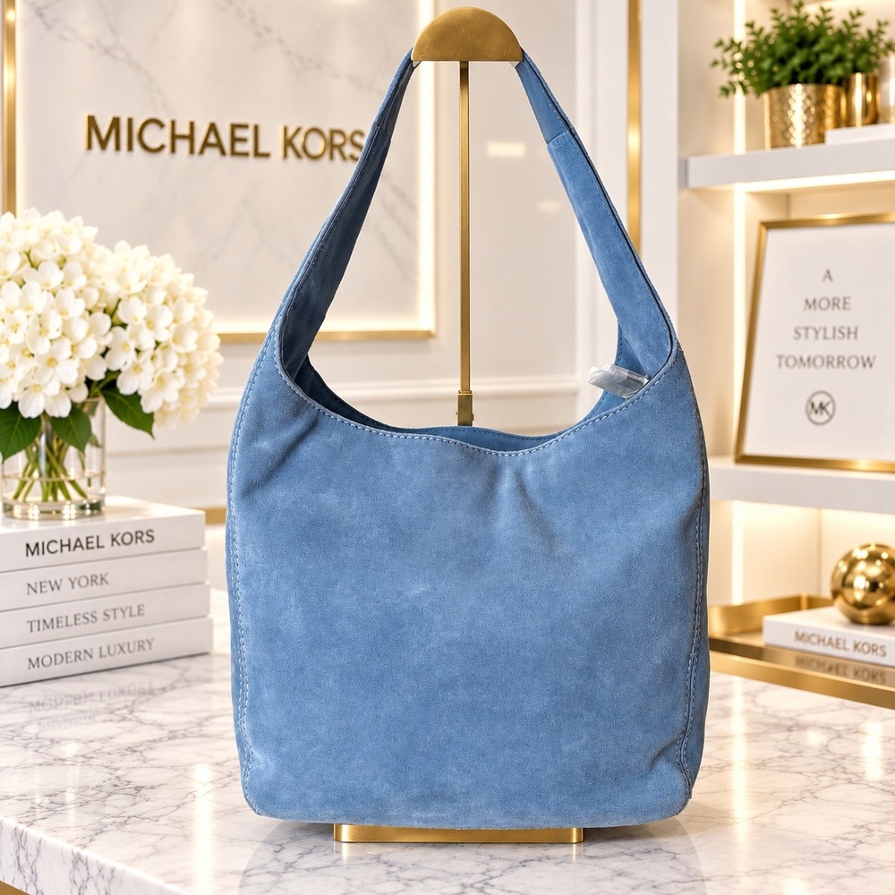 Michael Kors Lena Large Shoulder Bag Suede Leather Blue NWT